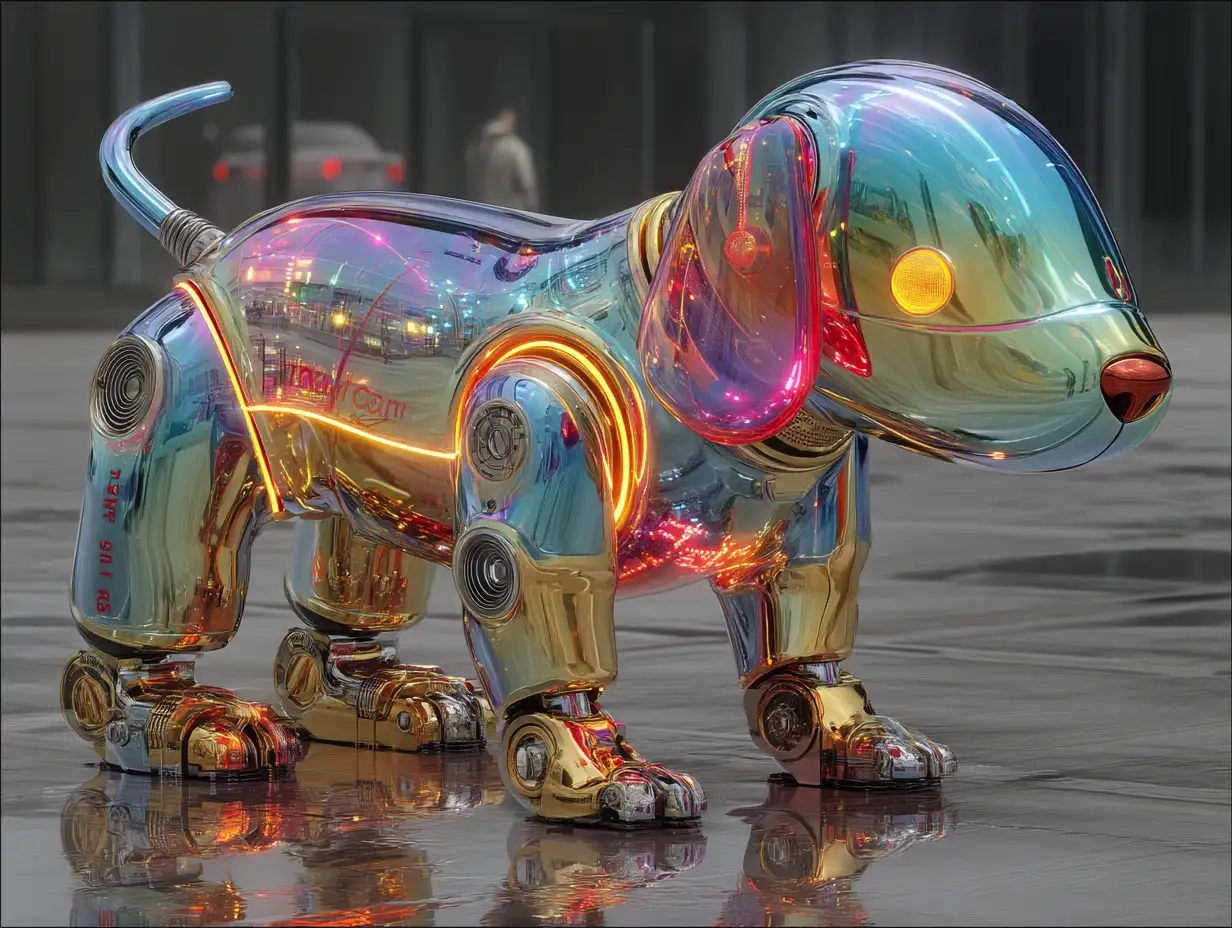 Playful metallic puppy with LED eyes wagging its tail, futuristic city park background, glowing reflections